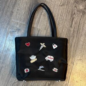 Black Tote Bag with Medical-Themed Patches